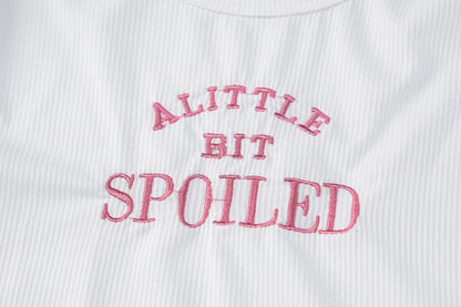 “SPOILED” embroidery contrast crewneck cap sleeve crop top