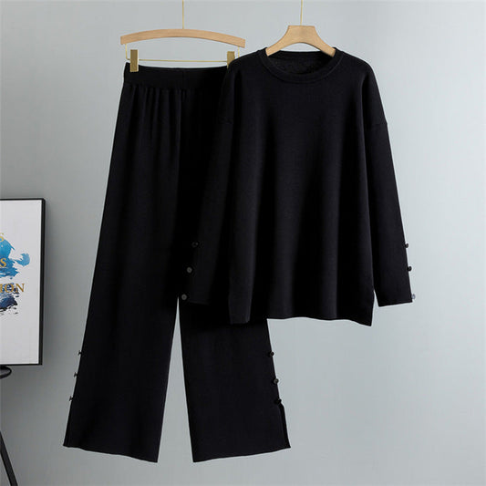 Black – Knit Split Hem Sweater Two Piece Set