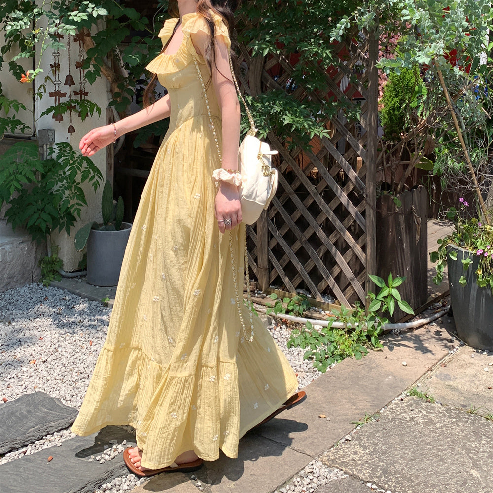 French Square Neck Ruffled Short-Sleeve Yellow Dress