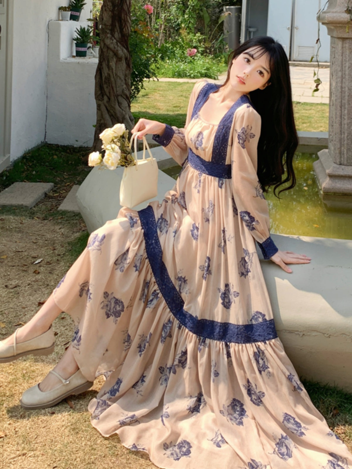 Elegant Faded Rose Long Sleeve Dress