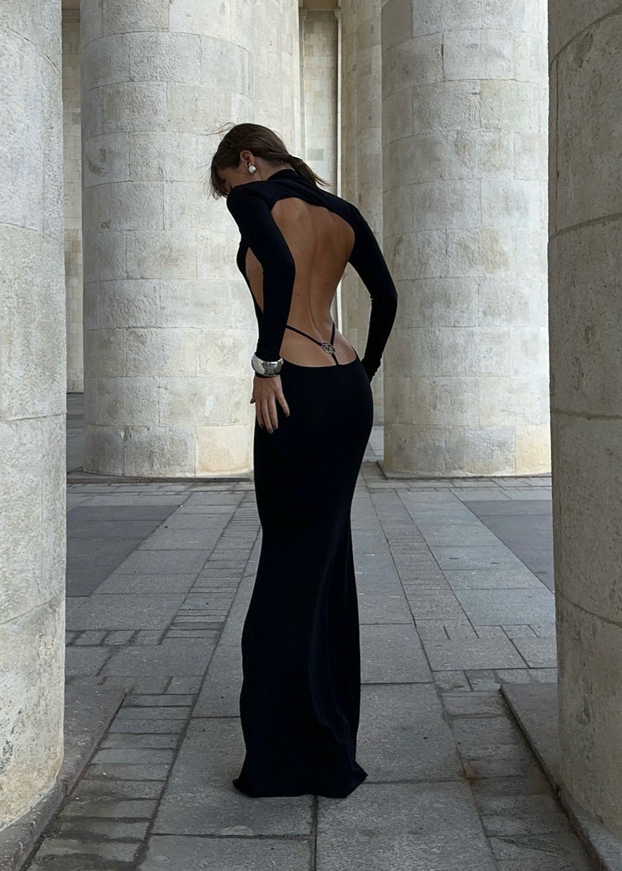 Noir Eclipse - Backless Turtleneck Maxi Dress