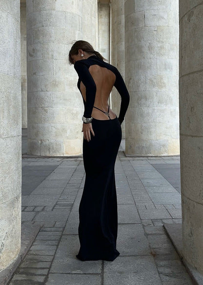 Noir Eclipse - Backless Turtleneck Maxi Dress