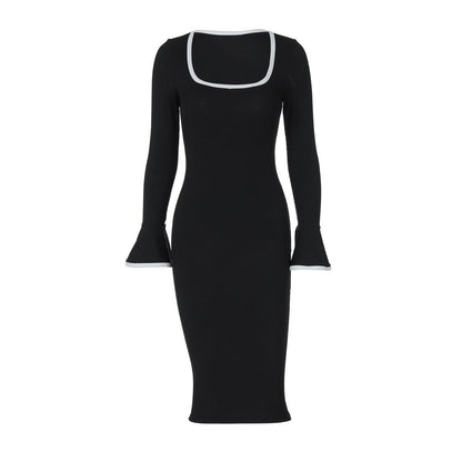 Square Neck Contrast Trim Bell Cuff Knit Bodycon Midi Dress