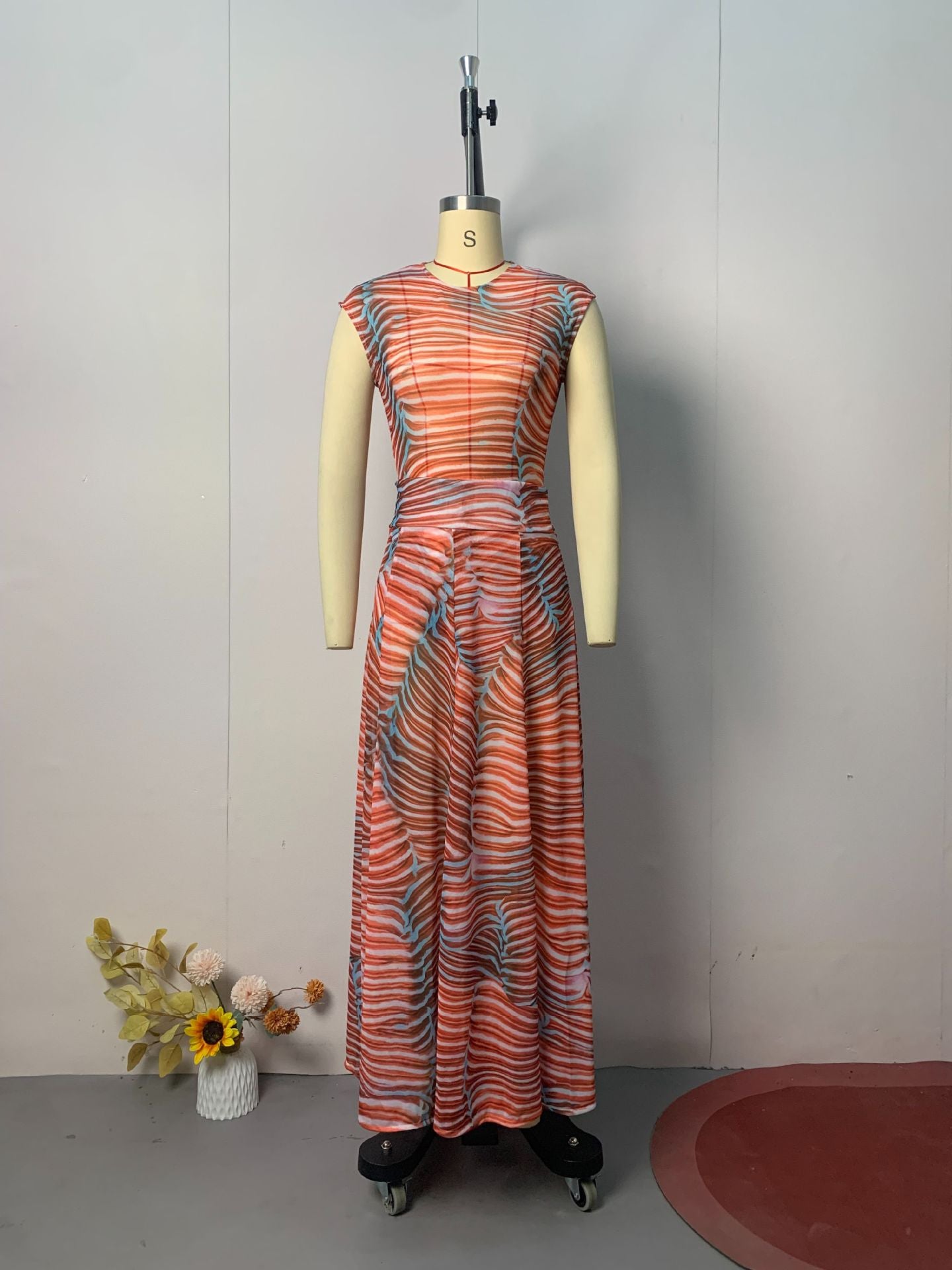 Bella Stretch Mesh Unique Print Bodysuit and High Rise Elastic Waist Maxi Skirt Set