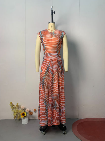 Bella Stretch Mesh Unique Print Bodysuit and High Rise Elastic Waist Maxi Skirt Set