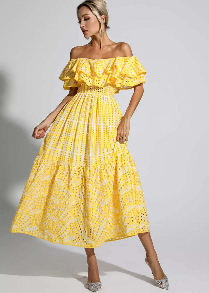 Soleia Ruffle Off-Shoulder Dress – EmbroideRed Boho Midi