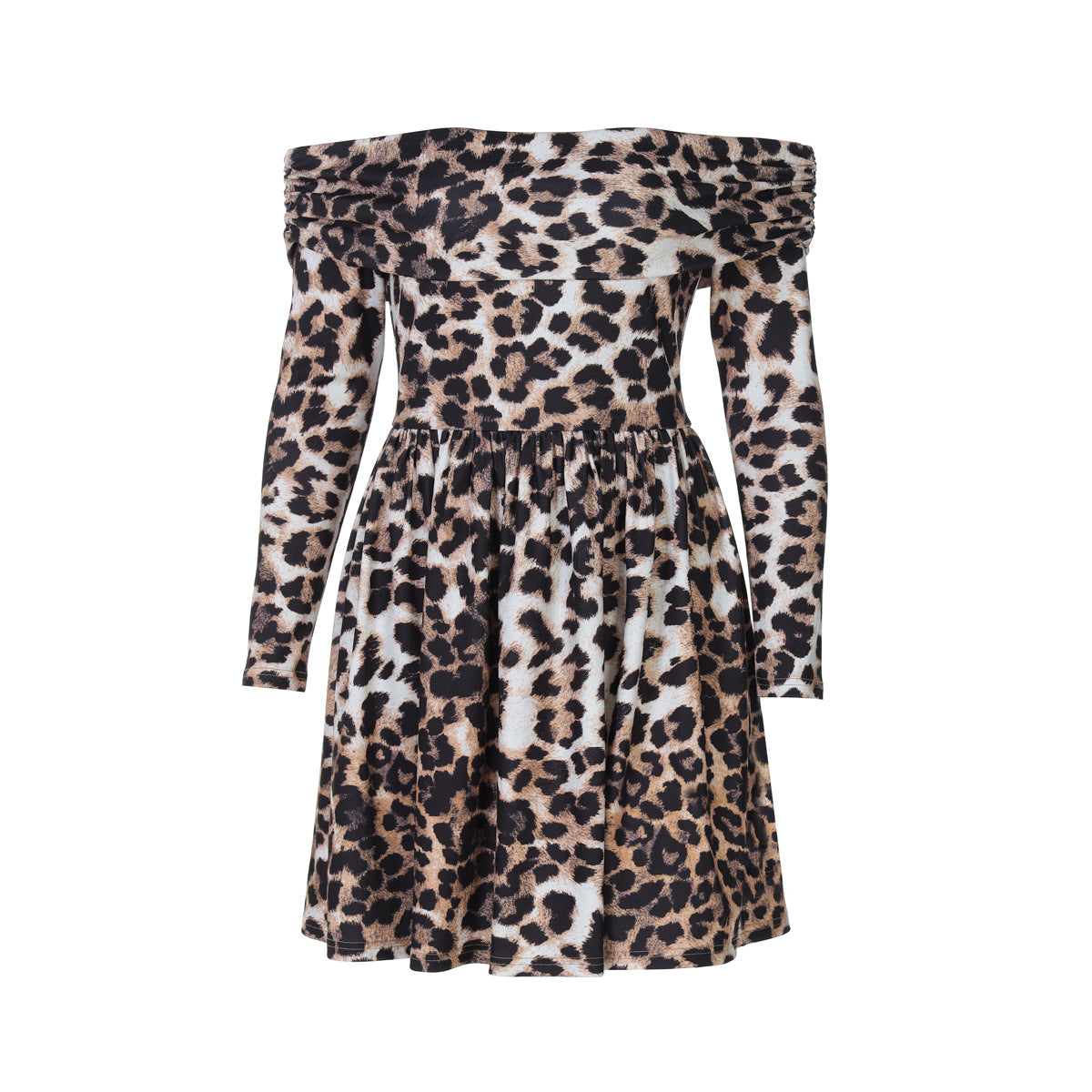Print Off-Shoulder Long Sleeve Pleated Skater Mini Dress