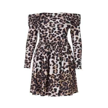 Print Off-Shoulder Long Sleeve Pleated Skater Mini Dress