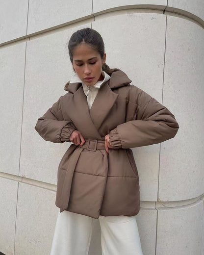 Tie Waist Cotton V-Neck Puffer Jacket