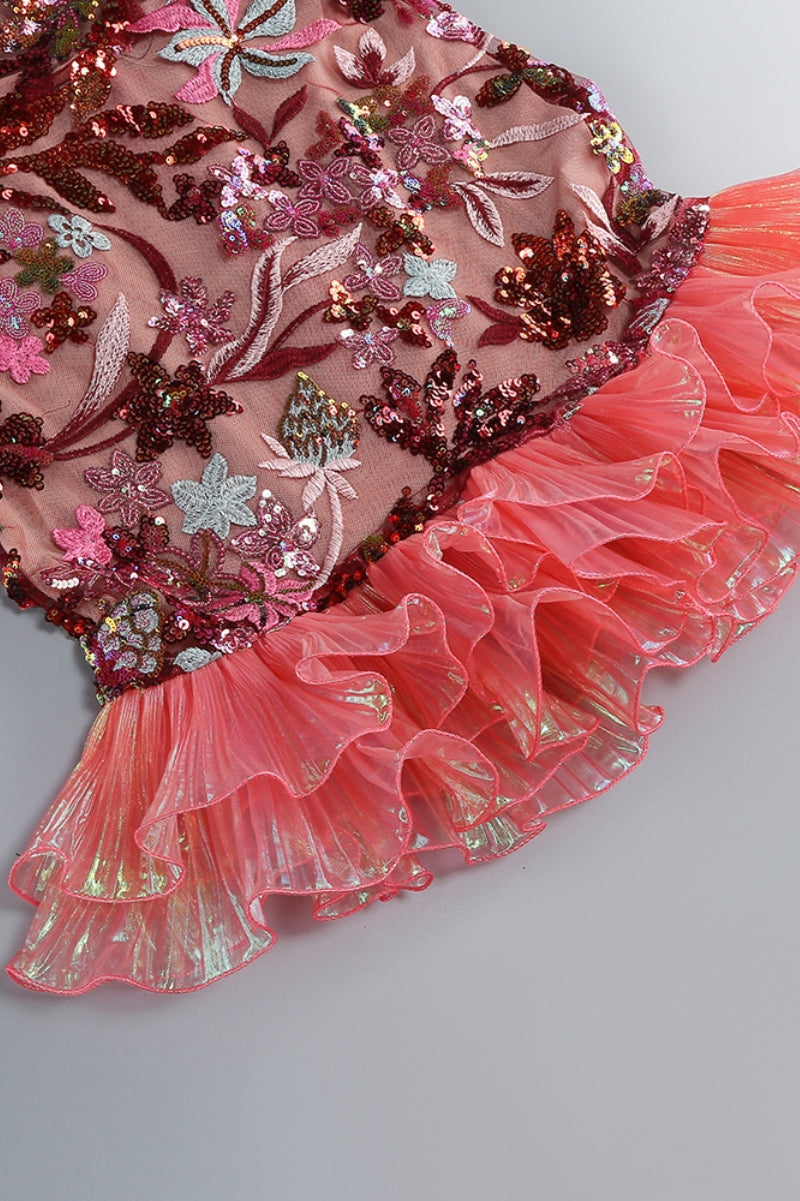 Tovitk Pink Strapless Mesh Sequin Mini Dress