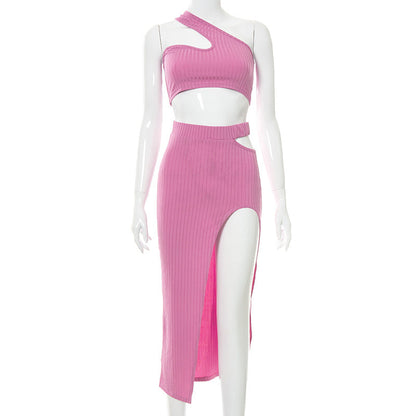 Solid Color Thread One-Piece Cropped Hollow-out Split Maxi Dress