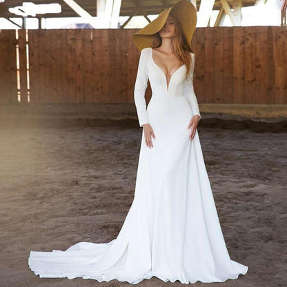 Long Sleeve Deep V-Neck Wedding Dress