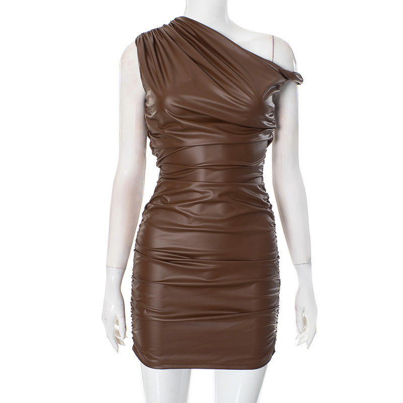 Diagonal Collar One Shoulder Twisted Pleat Faux Leather Sheath Dress