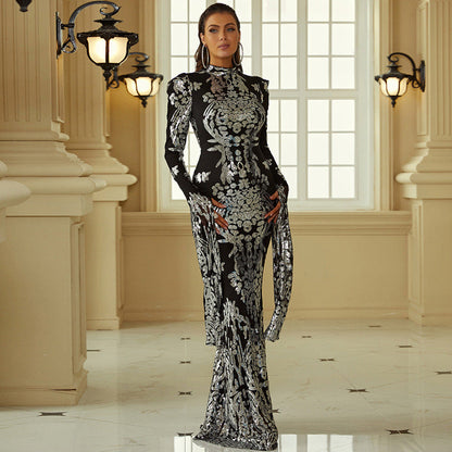 Long Sleeved Elegant Tight Long Sequined Slim Fit Super Long Sleeved Catwalk Evening Dress