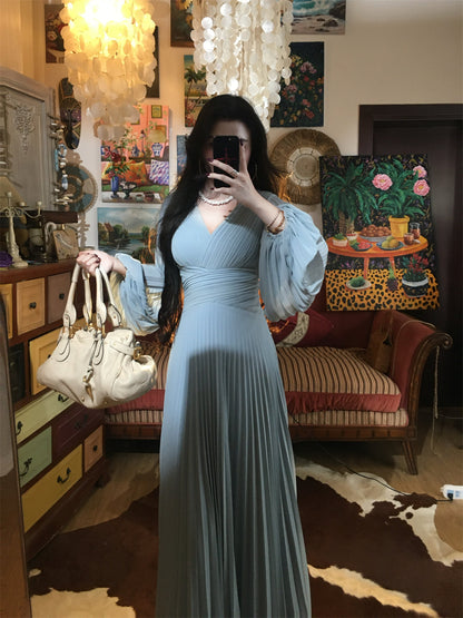 Misty Blue Pleated Panel Maxi Dress 2025 Flowy Elegant Slimming Gown gunne sax vintage dress