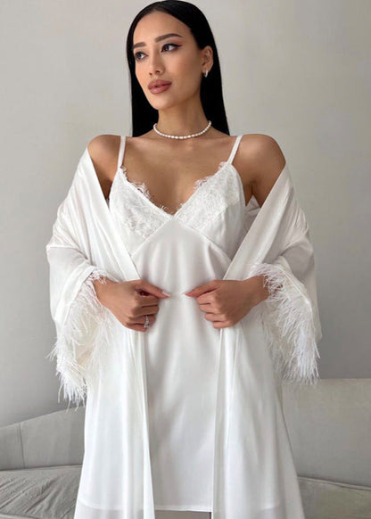 Feather-Trim Satin Robe and Nightgown Set