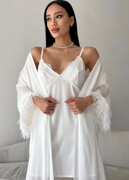 Feather-Trim Satin Robe and Nightgown Set