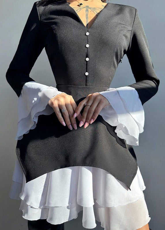 Contrast Ruffle Hem Bell Sleeve Dress