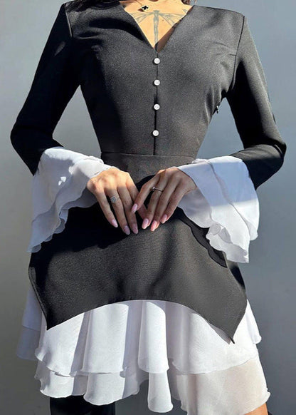 Contrast Ruffle Hem Bell Sleeve Dress