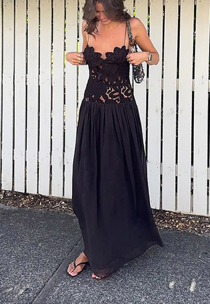Stephanie Flower Crochet Lace Bust Chiffon Fluffy Hem Maxi Dress