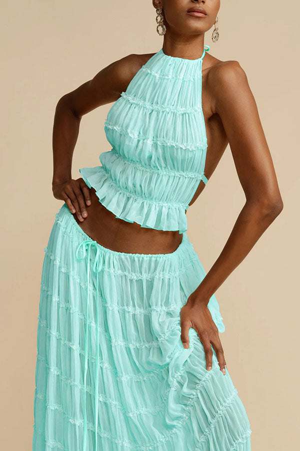 Versatile retro charm pleated drawstring waistline long skirt set