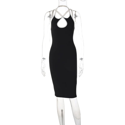 Cross front halter hollow out backless cut out midi dress