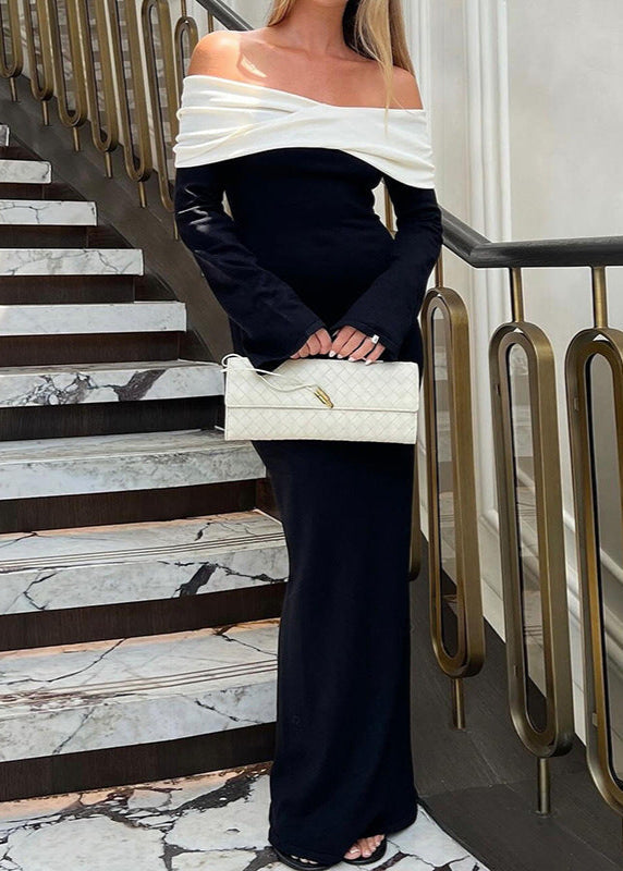 Noir Elegance - Off-Shoulder Contrast Maxi Dress
