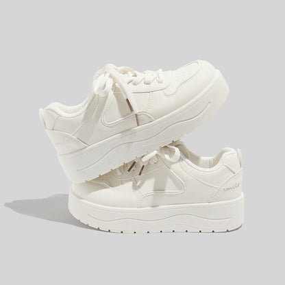 Women's Stylish Laced Up Beige Leather Sneakers With Platform Sole