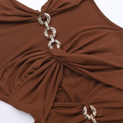 Halter hollow out o ring ruched cut out maxi dress