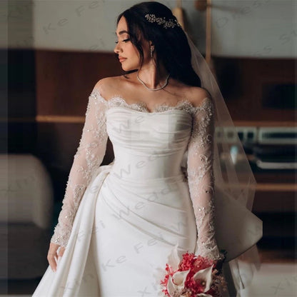 Long Sleeve Off-Shoulder Satin Wedding Dress