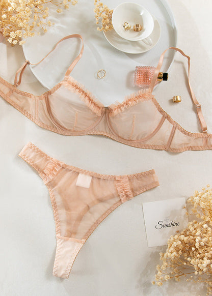 Marcie - Sheer Mesh Bra & High-Waist Thong Set with Ruffle Trim