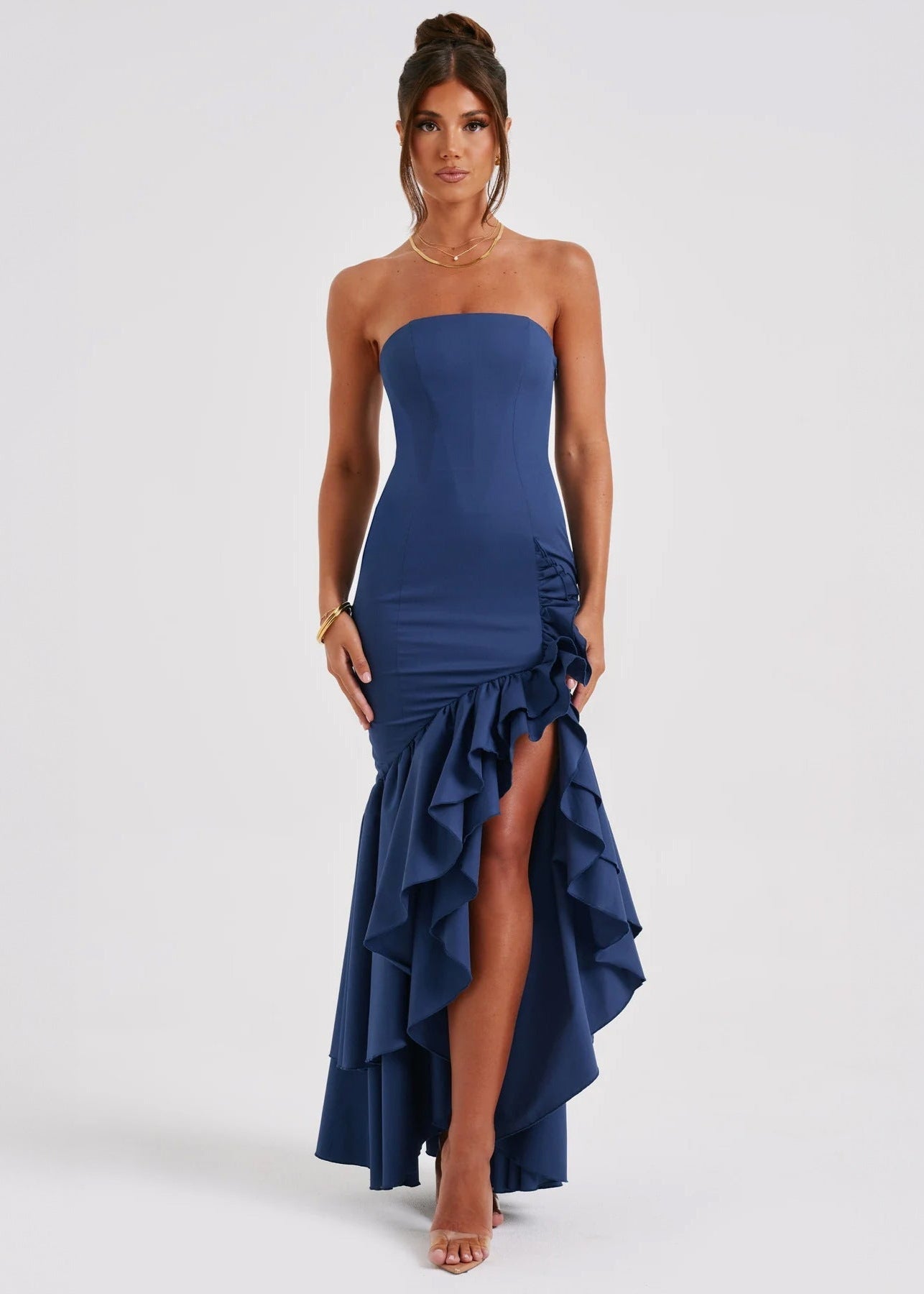 Midnight Cascade - Strapless Ruffled Maxi Dress