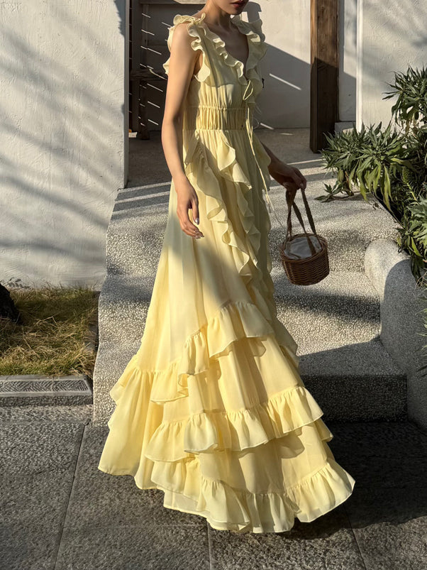 Sunset Ruffle Asymmetrical Maxi Dress Romantic Flowy Vacation Look gunne sax vintage dress