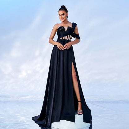 One-Shoulder Sequin Slit Maxi Dress Elegant Party Dress