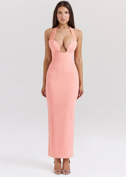 Coral Elegance Halter Maxi Dress
