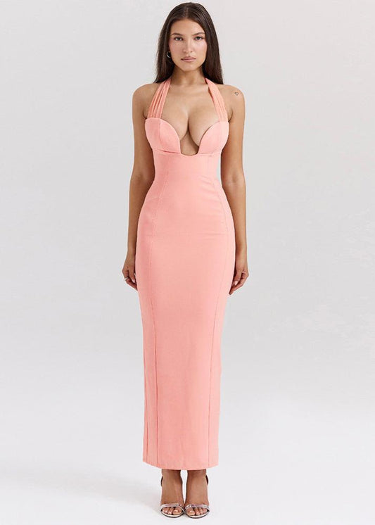 Coral Elegance Halter Maxi Dress