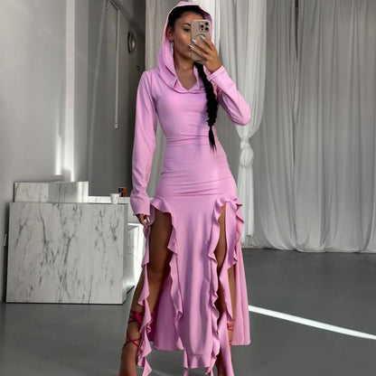 Popular Trend Ruffled Stitching Long Sleeve Hooded Irregular Asymmetric Dress