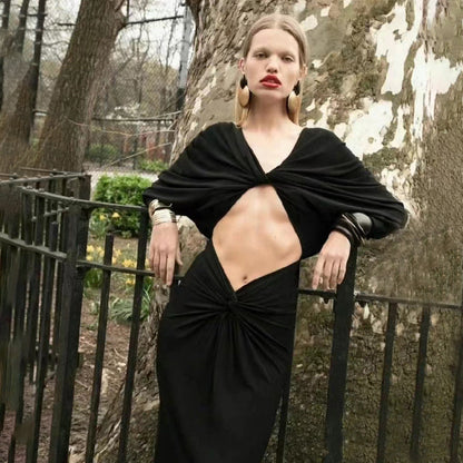 Diamond Cutout Twist Front Knotted Waist Draped Sleeve Maxi Dress