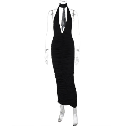 Halter Deep V Choker Ruched Backless Maxi Dress