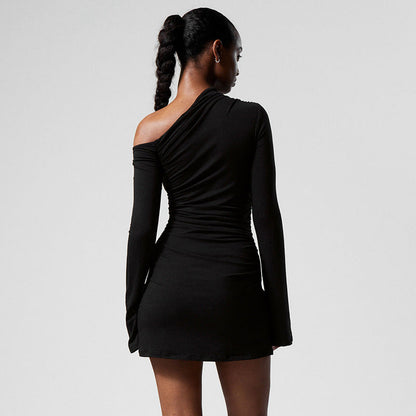 Print One-Shoulder Ruched Long Sleeve Bodycon Mini Dress