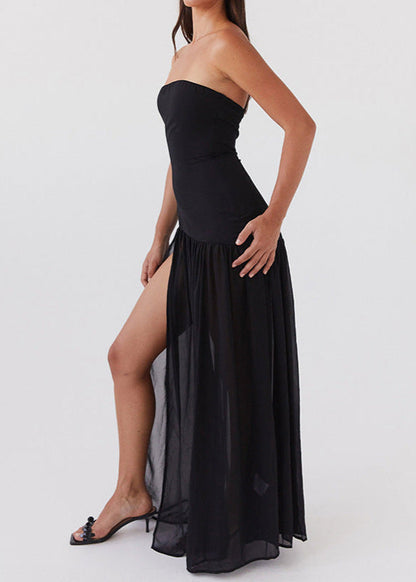 Noir Tide – Strapless Black Maxi Dress with Sheer Skirt and Side Slit