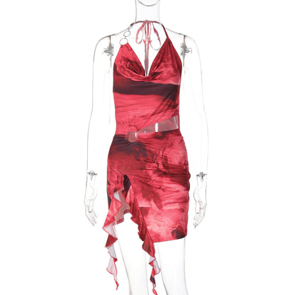 Halter Cowl Neck Mesh Abstract Print Ring Cutout Top and Mini Skirt Set