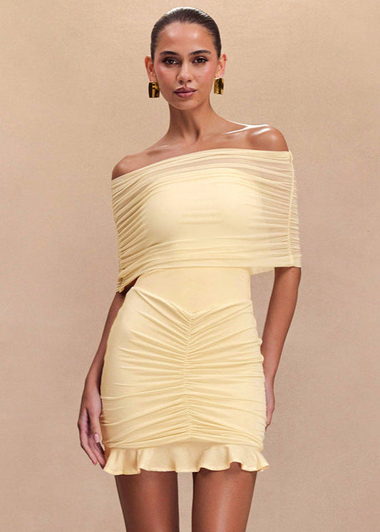 Off-Shoulder Mesh Ruched Mini Dress