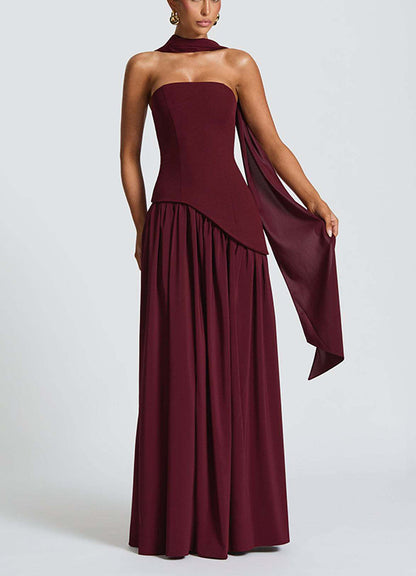 consonak Strapless Back Lace-up High Slit Splice Maxi Dress