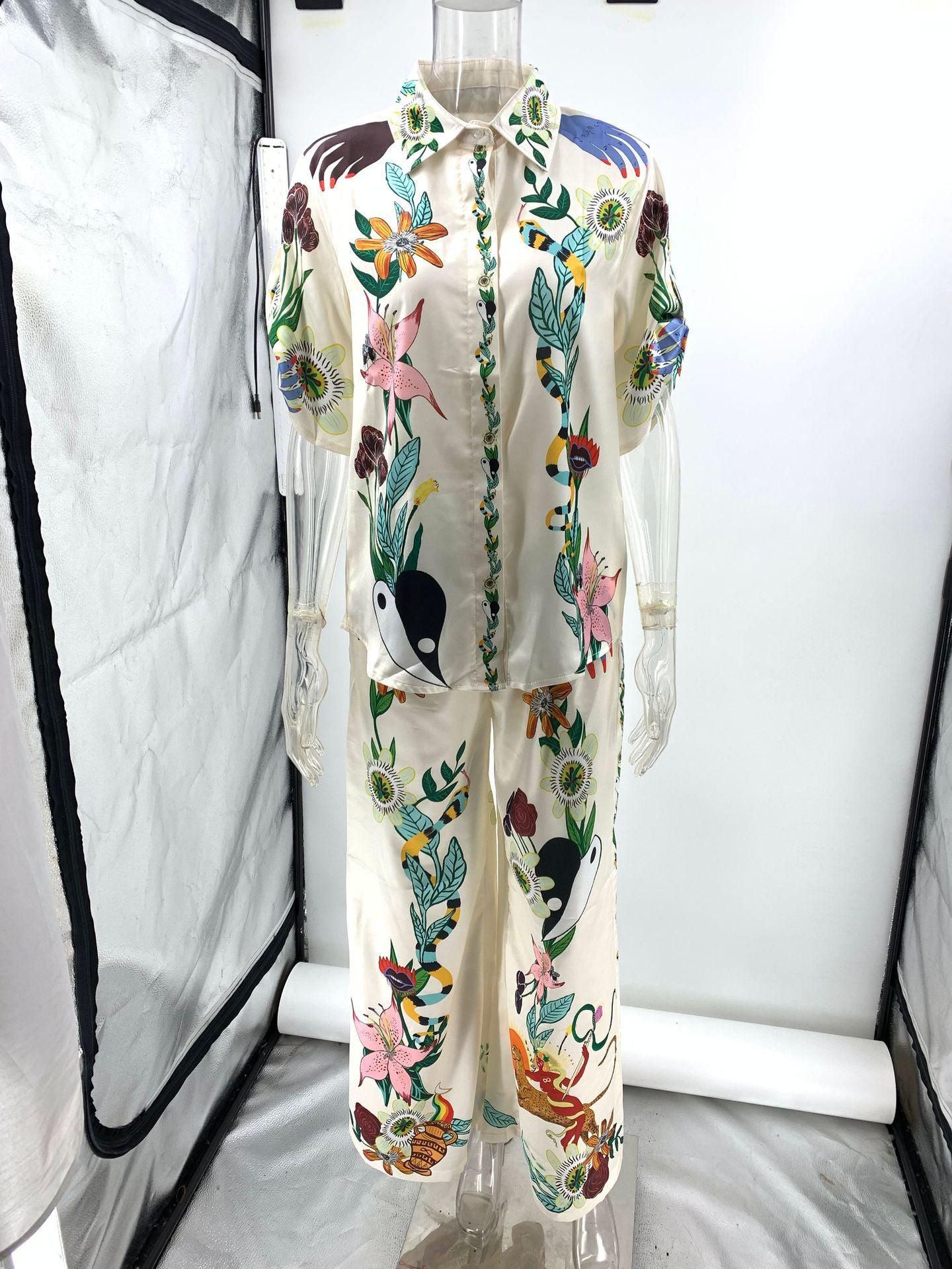 Graffiti Print Satin Short Sleeve Shirt & Pant Coord Set