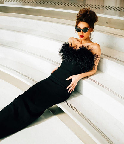 Ostrich Fur Tube Top Dress Bandage One Piece Dress