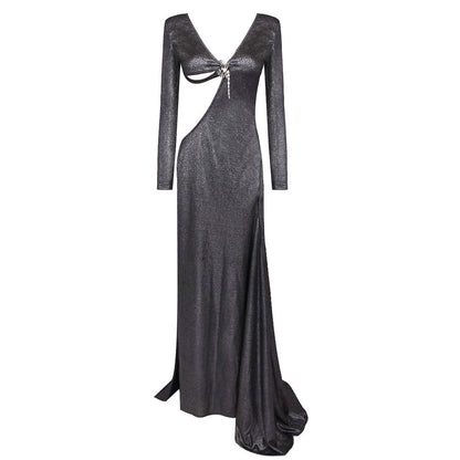 Long Sleeve Sequin Open Back High Slit Floor Length Maxi Gown
