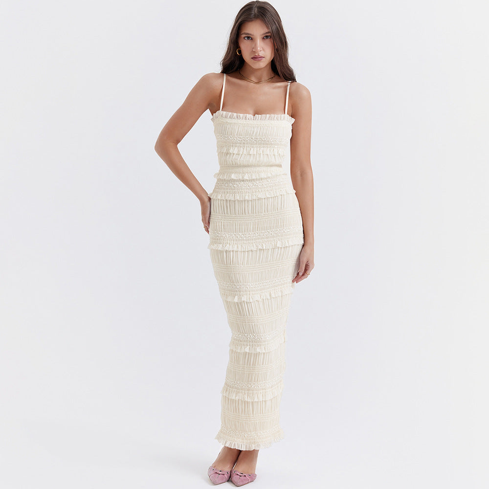 Smocked Tiered Ruffle Spaghetti Strap Backless Maxi Dress