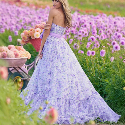 Floral Ruffle V-Neck High Hem Prom Dress