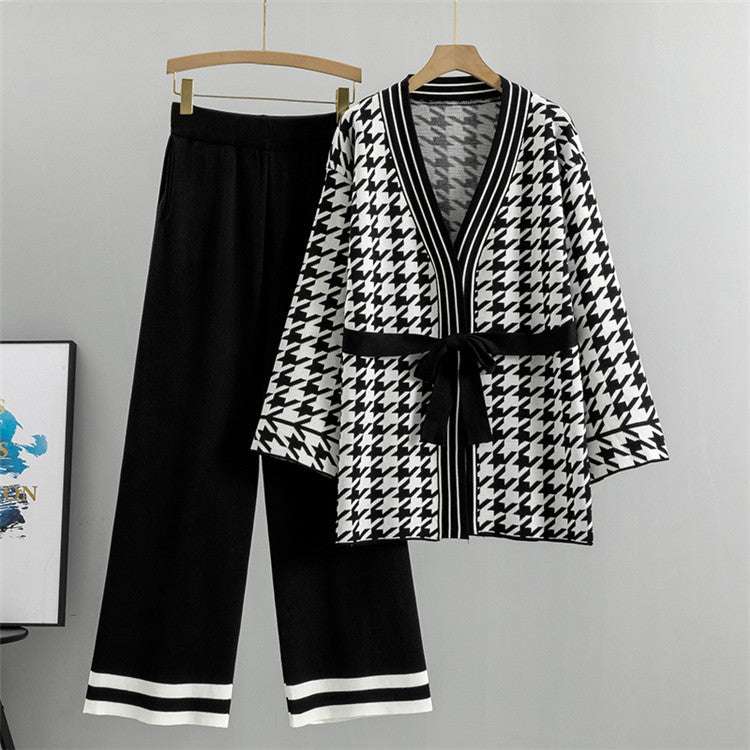 Black - Mid-Length Knitted Cardigan Two Piece Set